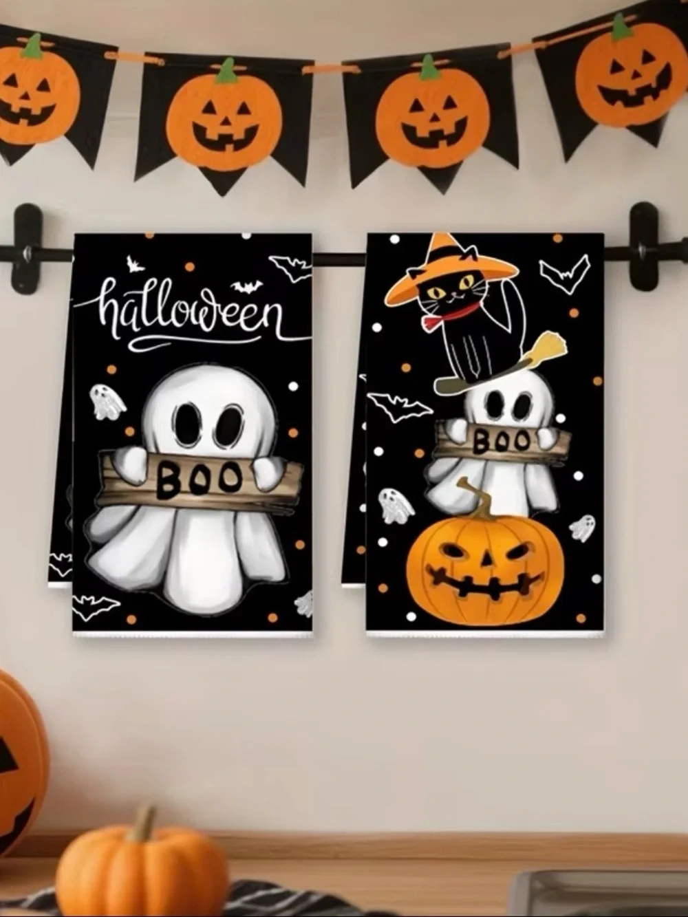 Halloween Ghost & Pumpkin Kitchen Towels - Black, White, Orange